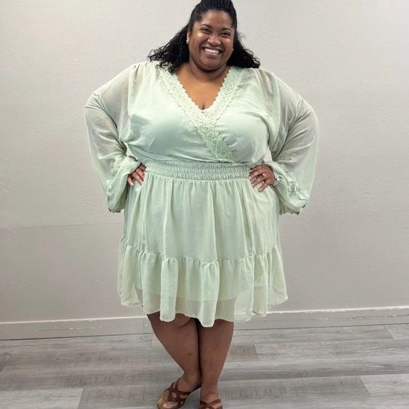 ASOS Mint Green Lace Insert Skater Dress - Size 26 - Picture 2 of 5